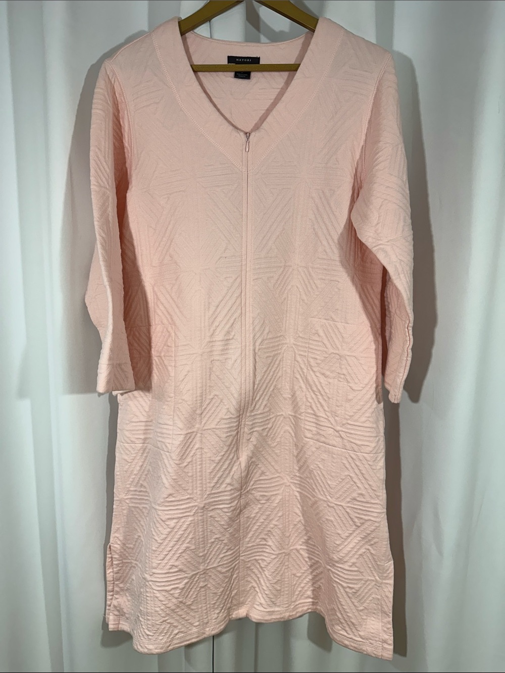 Natori Pink Zip Front Lounge Dress Size M Textured Cotton Blend House Dress